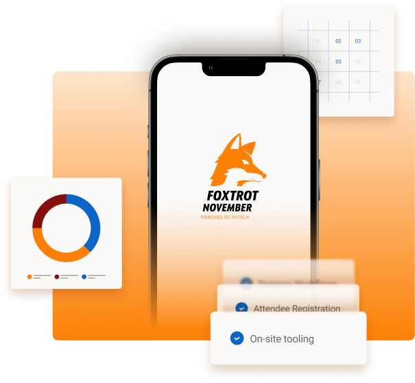 Foxtrot November mobile event platform with registration, scheduling, analytics, and on-site tools